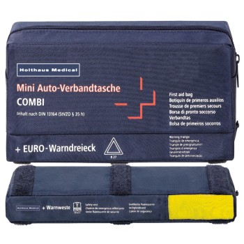 Preview: Mini 3 in1 KFZ Verbandtasche HOLTHAUS mit Warndreieck und Warnweste Verbandkasten nach DIN 13164