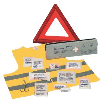 KFZ Klassik 3 in 1 Verbandtasche HOLTHAUS KFZ Verbandkasten mit Füllung nach DIN 13 164 grau + Warndreieck + Warnweste