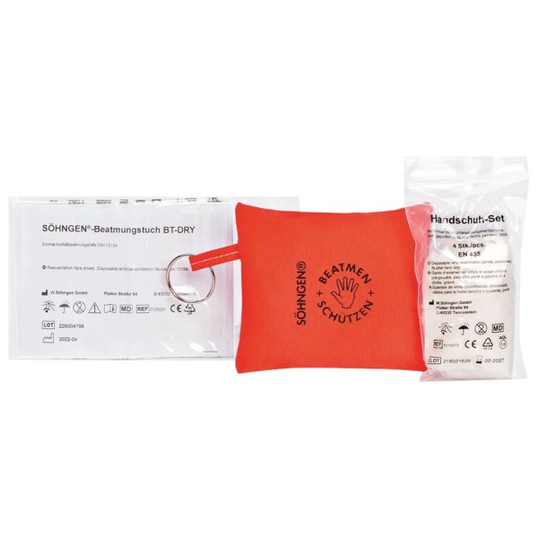 Schlüsselanhänger Beatmen & Schützen SÖHNGEN mit Beatmungstuch BT-DRY und Handschuhen