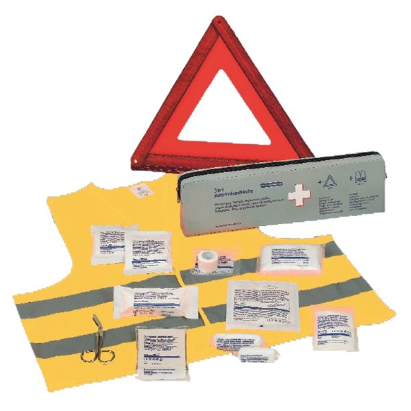 KFZ Klassik 3 in 1 Verbandtasche HOLTHAUS KFZ Verbandkasten mit Füllung nach DIN 13 164 grau + Warndreieck + Warnweste