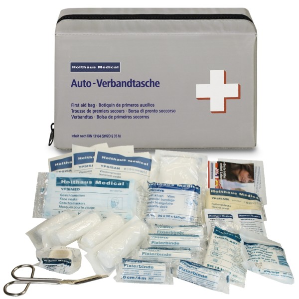 KFZ Klassik Verbandtasche HOLTHAUS Verbandkasten mit Füllung nach DIN 13 164 grau