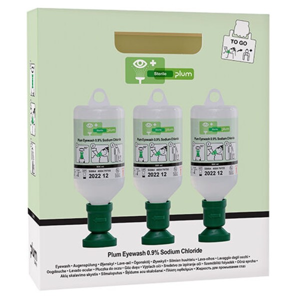 Plum mobiler Augenspülkarton mit Tragegriff 4620 mit 3 Flaschen zu 500 ml